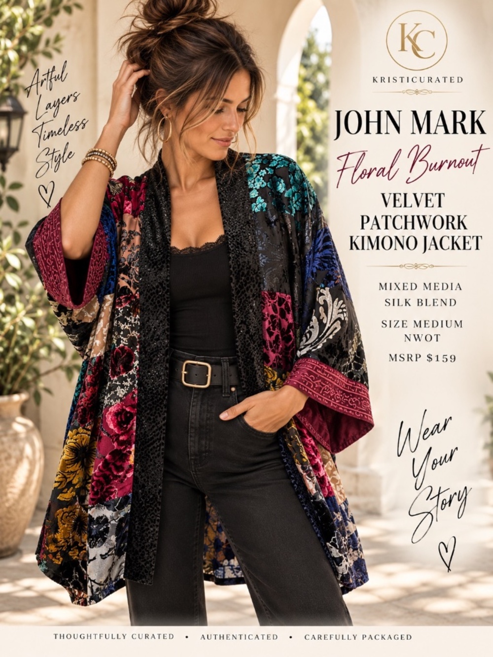 John Mark Floral Burnout Velvet Patchwork Kimono Jacket M NWOT